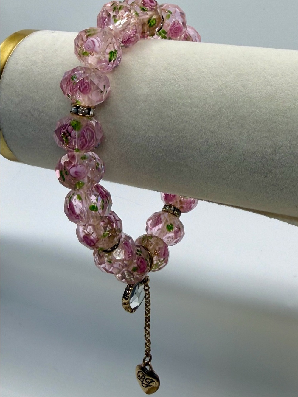 Betsey Johnson Pink Floral Bead Stretch Bracelet with Heart Charm